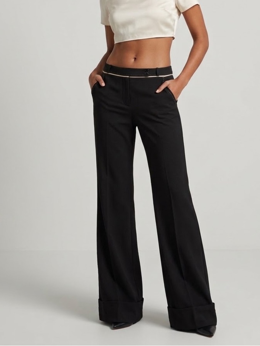 Bebe Black Pinstripe Wide Leg Dress Pants Contrast Waist Size6 Y2K Made USA